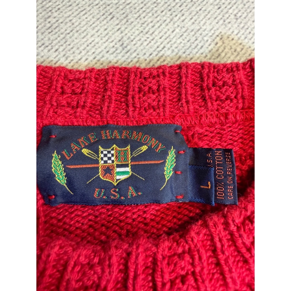 Lake Harmony USA Vintage Red Textured Knit Cotton Crewneck Sweater Mens Large - Picture 2 of 6